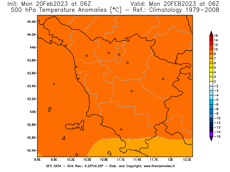 Mappa di analisi GFS - Anomalia Temperatura [°C] a 500 hPa in Toscana
							del 20/02/2023 06 <!--googleoff: index-->UTC<!--googleon: index-->
