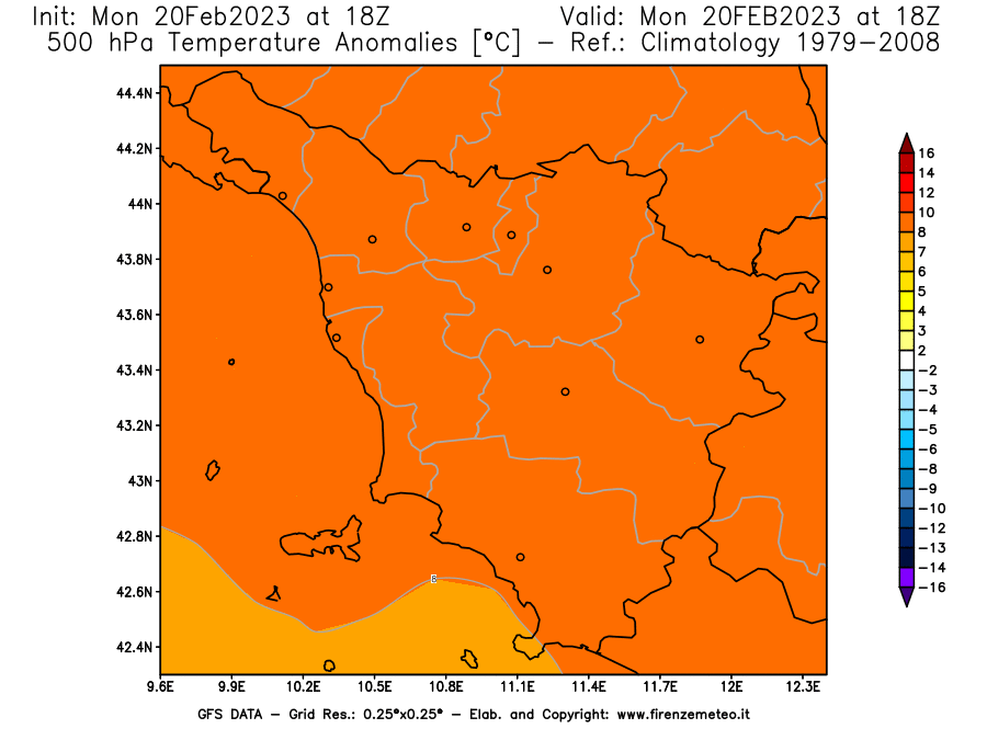 Mappa di analisi GFS - Anomalia Temperatura [°C] a 500 hPa in Toscana
							del 20/02/2023 18 <!--googleoff: index-->UTC<!--googleon: index-->