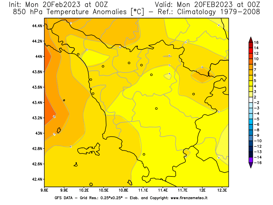 Mappa di analisi GFS - Anomalia Temperatura [°C] a 850 hPa in Toscana
							del 20/02/2023 00 <!--googleoff: index-->UTC<!--googleon: index-->