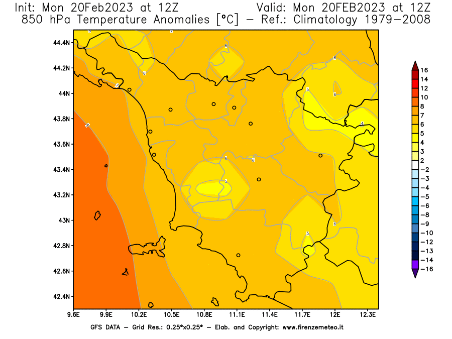 Mappa di analisi GFS - Anomalia Temperatura [°C] a 850 hPa in Toscana
							del 20/02/2023 12 <!--googleoff: index-->UTC<!--googleon: index-->
