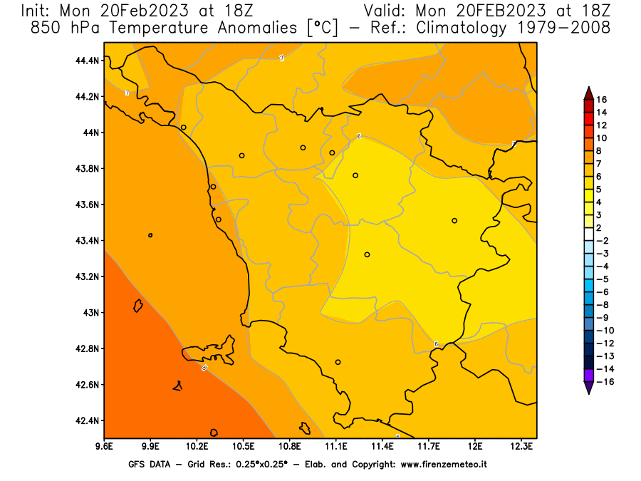Mappa di analisi GFS - Anomalia Temperatura [°C] a 850 hPa in Toscana
							del 20/02/2023 18 <!--googleoff: index-->UTC<!--googleon: index-->