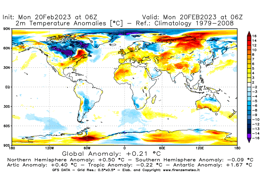Mappa di analisi GFS - Anomalia Temperatura [°C] a 2 m in World
							del 20/02/2023 06 <!--googleoff: index-->UTC<!--googleon: index-->