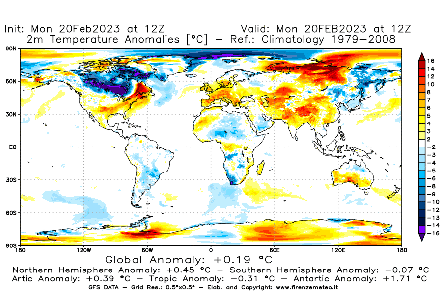 Mappa di analisi GFS - Anomalia Temperatura [°C] a 2 m in World
							del 20/02/2023 12 <!--googleoff: index-->UTC<!--googleon: index-->