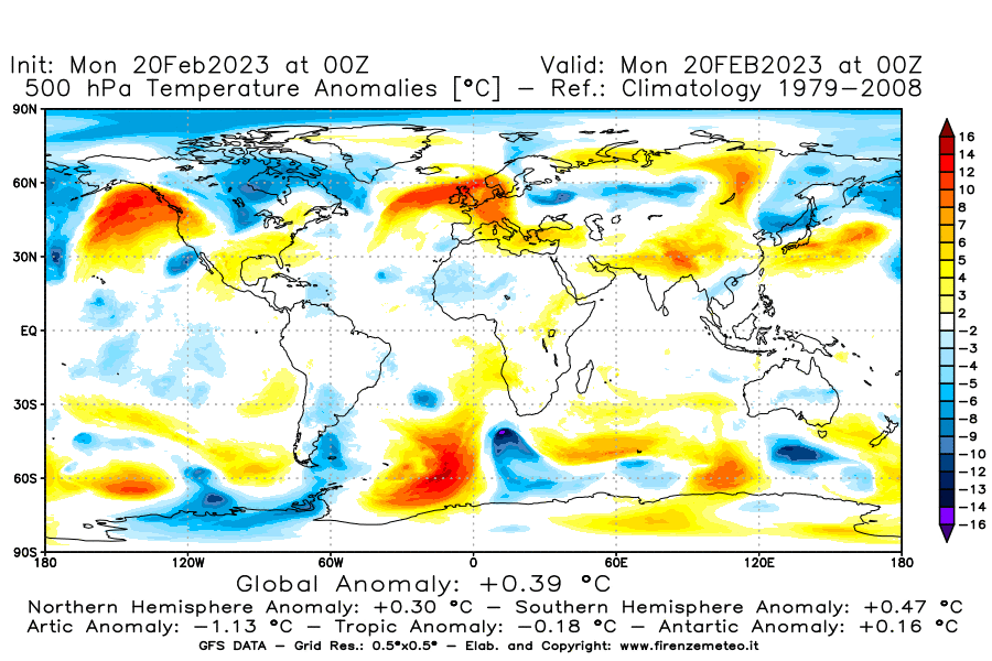 Mappa di analisi GFS - Anomalia Temperatura [°C] a 500 hPa in World
							del 20/02/2023 00 <!--googleoff: index-->UTC<!--googleon: index-->