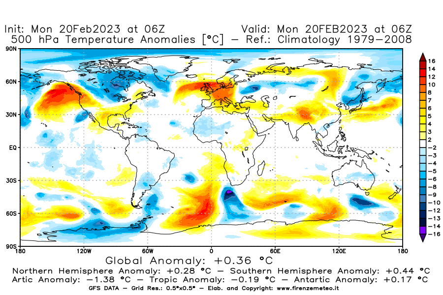 Mappa di analisi GFS - Anomalia Temperatura [°C] a 500 hPa in World
							del 20/02/2023 06 <!--googleoff: index-->UTC<!--googleon: index-->