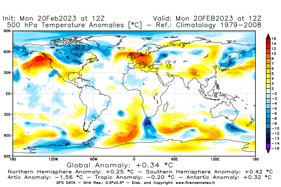 Mappa di analisi GFS - Anomalia Temperatura [°C] a 500 hPa in World
							del 20/02/2023 12 <!--googleoff: index-->UTC<!--googleon: index-->