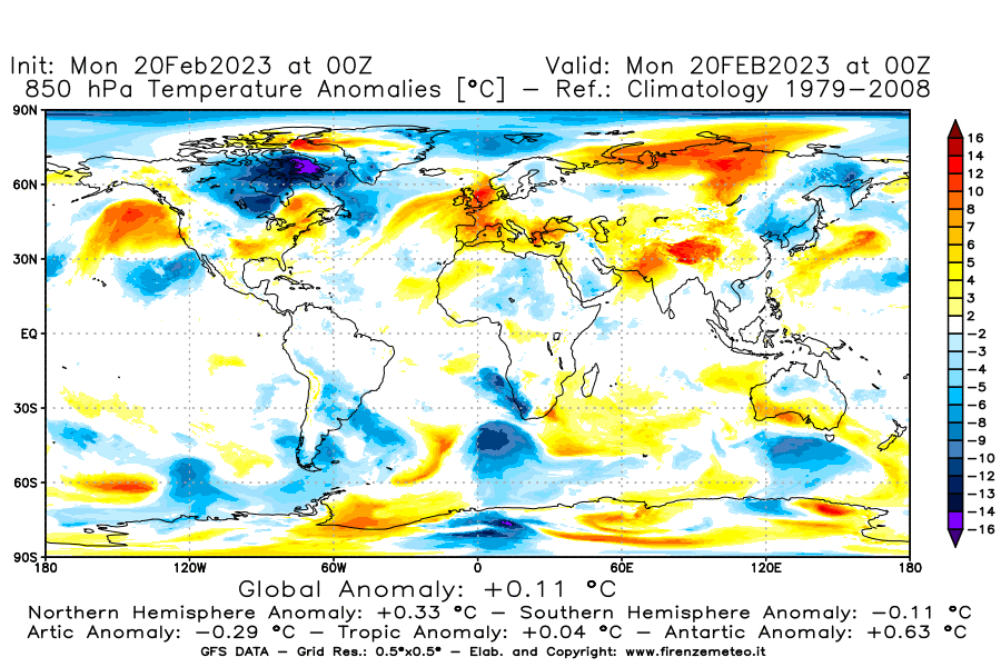 Mappa di analisi GFS - Anomalia Temperatura [°C] a 850 hPa in World
							del 20/02/2023 00 <!--googleoff: index-->UTC<!--googleon: index-->