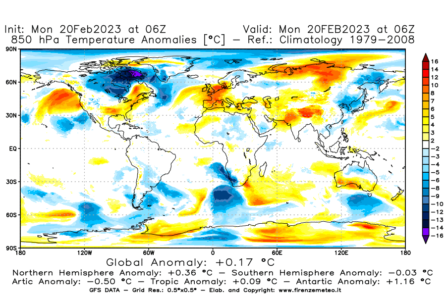 Mappa di analisi GFS - Anomalia Temperatura [°C] a 850 hPa in World
							del 20/02/2023 06 <!--googleoff: index-->UTC<!--googleon: index-->