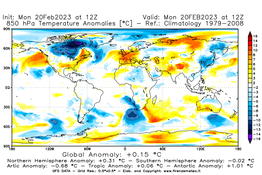 Mappa di analisi GFS - Anomalia Temperatura [°C] a 850 hPa in World
							del 20/02/2023 12 <!--googleoff: index-->UTC<!--googleon: index-->