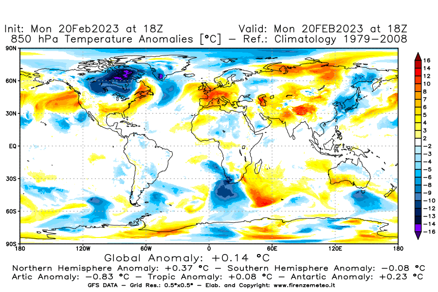 Mappa di analisi GFS - Anomalia Temperatura [°C] a 850 hPa in World
							del 20/02/2023 18 <!--googleoff: index-->UTC<!--googleon: index-->