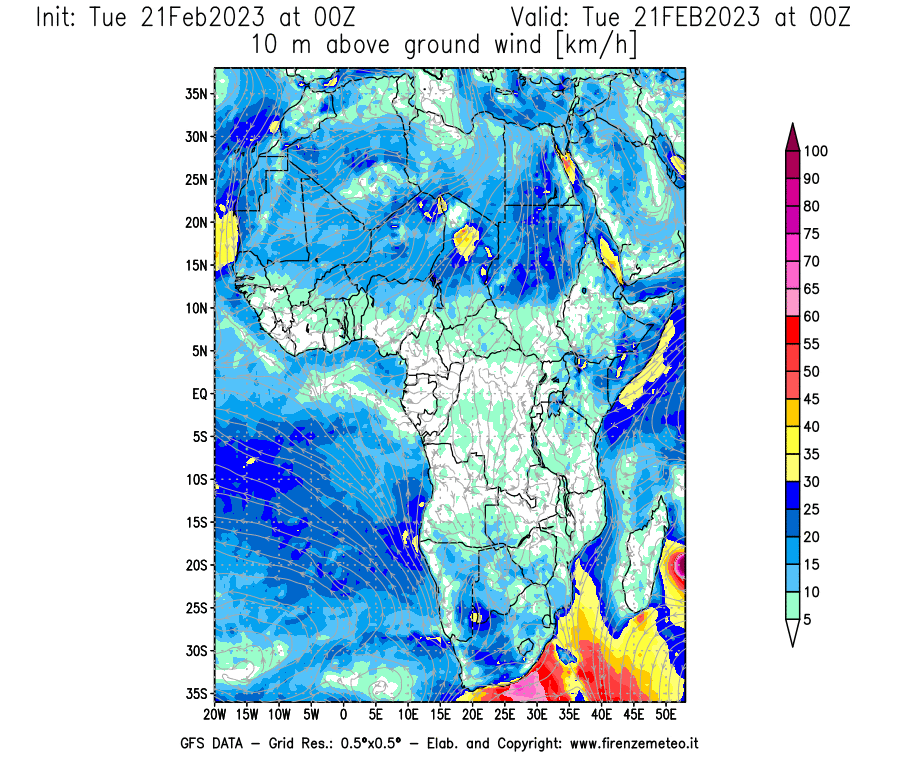 Mappa di analisi GFS - Velocità del vento a 10 metri dal suolo [km/h] in Africa
							del 21/02/2023 00 <!--googleoff: index-->UTC<!--googleon: index-->