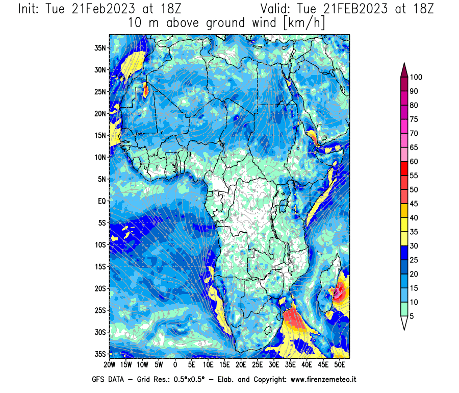 Mappa di analisi GFS - Velocità del vento a 10 metri dal suolo [km/h] in Africa
							del 21/02/2023 18 <!--googleoff: index-->UTC<!--googleon: index-->