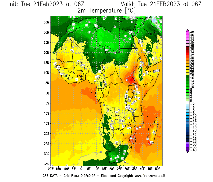 Mappa di analisi GFS - Temperatura a 2 metri dal suolo [°C] in Africa
							del 21/02/2023 06 <!--googleoff: index-->UTC<!--googleon: index-->