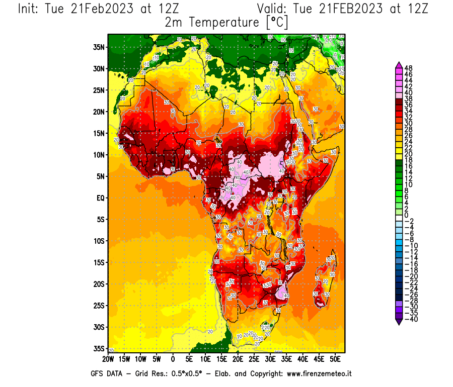 Mappa di analisi GFS - Temperatura a 2 metri dal suolo [°C] in Africa
							del 21/02/2023 12 <!--googleoff: index-->UTC<!--googleon: index-->