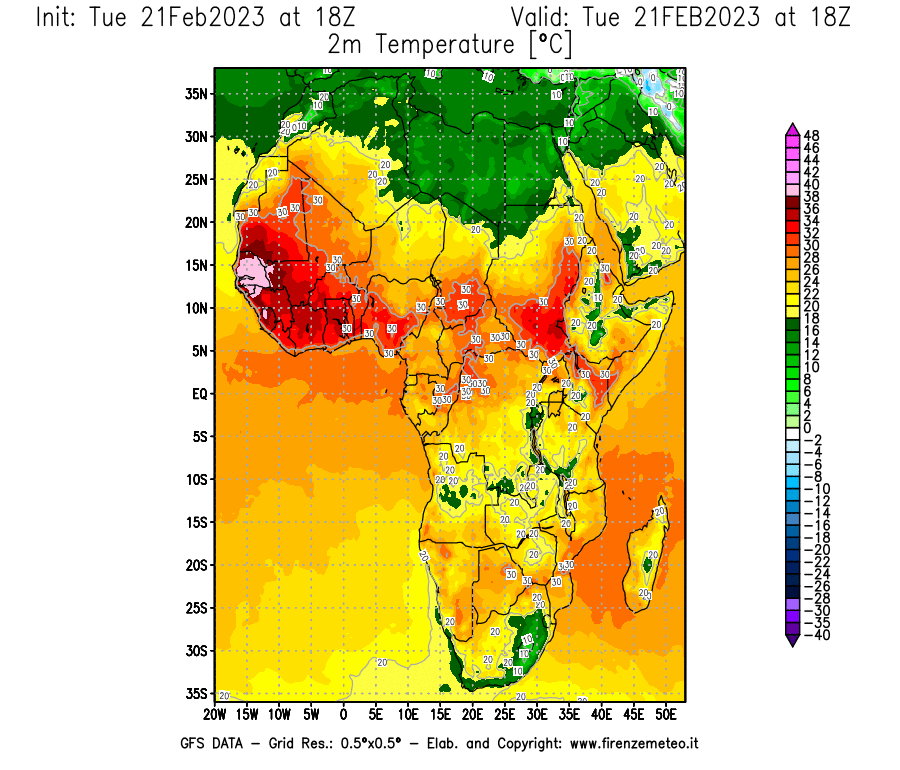 Mappa di analisi GFS - Temperatura a 2 metri dal suolo [°C] in Africa
							del 21/02/2023 18 <!--googleoff: index-->UTC<!--googleon: index-->