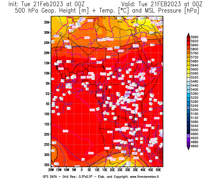 Mappa di analisi GFS - Geopotenziale [m] + Temp. [°C] a 500 hPa + Press. a livello del mare [hPa] in Africa
							del 21/02/2023 00 <!--googleoff: index-->UTC<!--googleon: index-->