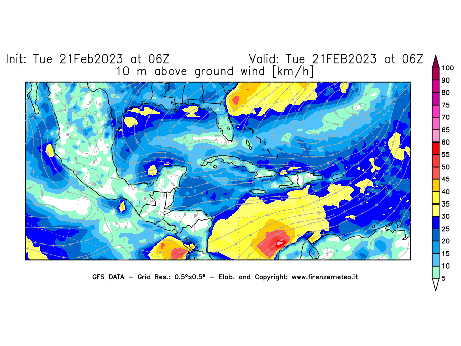 Mappa di analisi GFS - Velocità del vento a 10 metri dal suolo [km/h] in Centro-America
							del 21/02/2023 06 <!--googleoff: index-->UTC<!--googleon: index-->