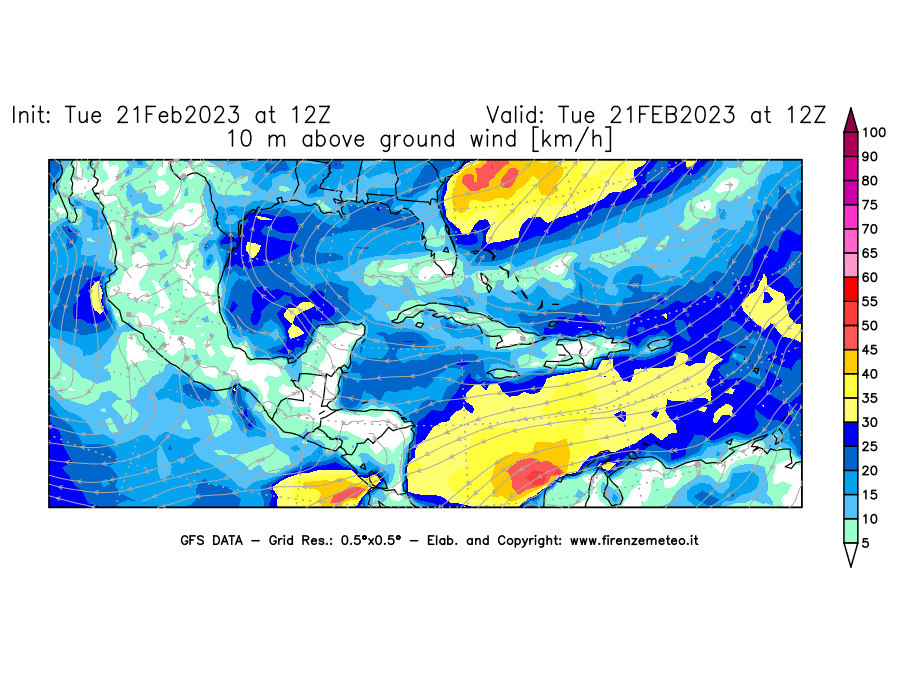 Mappa di analisi GFS - Velocità del vento a 10 metri dal suolo [km/h] in Centro-America
							del 21/02/2023 12 <!--googleoff: index-->UTC<!--googleon: index-->