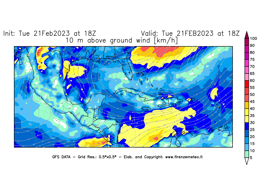Mappa di analisi GFS - Velocità del vento a 10 metri dal suolo [km/h] in Centro-America
							del 21/02/2023 18 <!--googleoff: index-->UTC<!--googleon: index-->