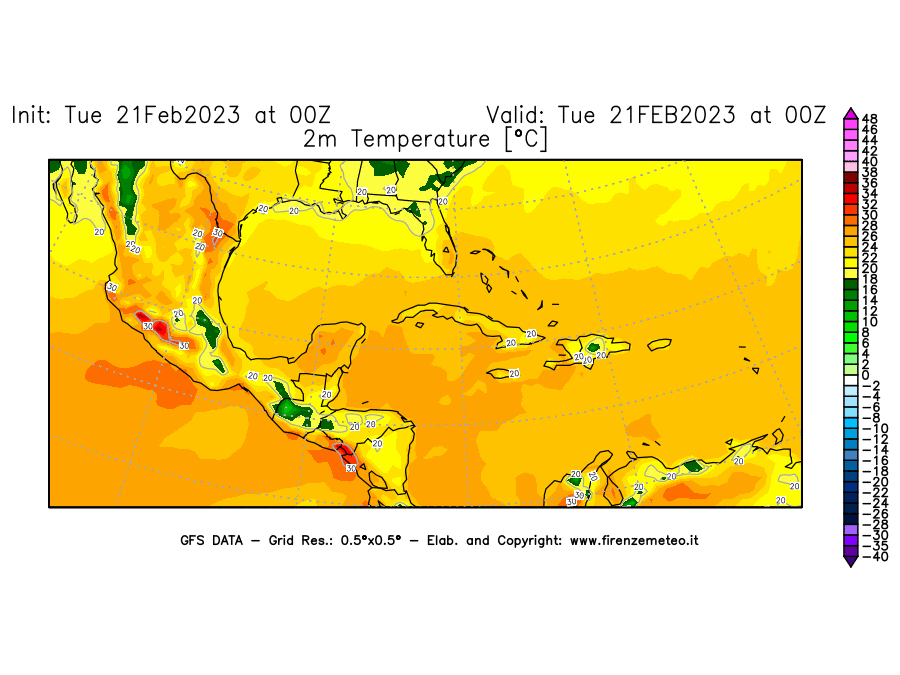 Mappa di analisi GFS - Temperatura a 2 metri dal suolo [°C] in Centro-America
							del 21/02/2023 00 <!--googleoff: index-->UTC<!--googleon: index-->