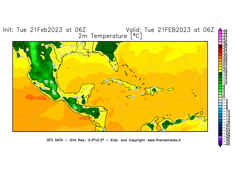 Mappa di analisi GFS - Temperatura a 2 metri dal suolo [°C] in Centro-America
							del 21/02/2023 06 <!--googleoff: index-->UTC<!--googleon: index-->