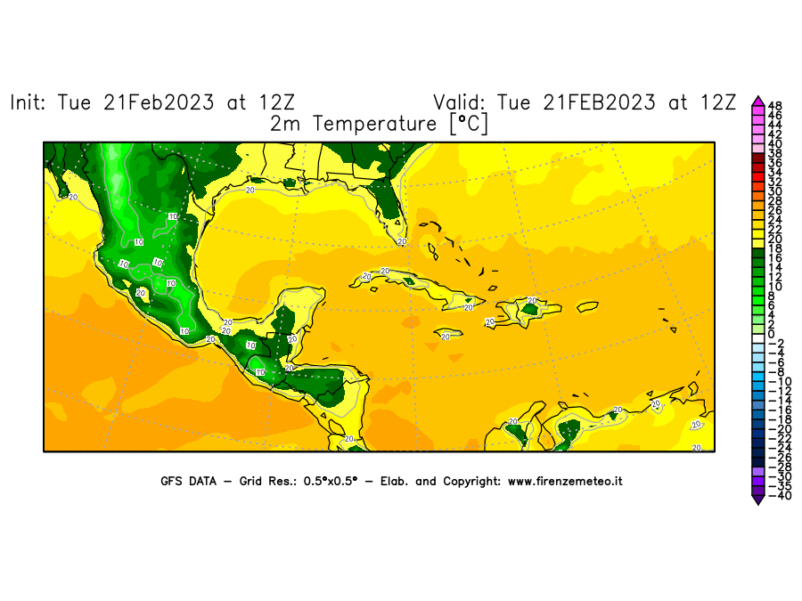 Mappa di analisi GFS - Temperatura a 2 metri dal suolo [°C] in Centro-America
							del 21/02/2023 12 <!--googleoff: index-->UTC<!--googleon: index-->