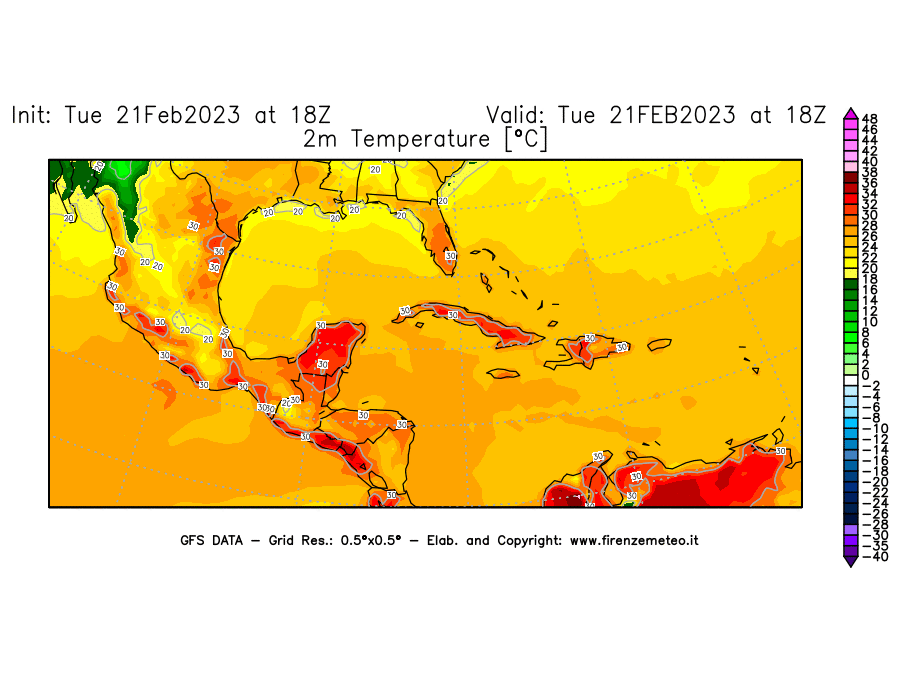 Mappa di analisi GFS - Temperatura a 2 metri dal suolo [°C] in Centro-America
							del 21/02/2023 18 <!--googleoff: index-->UTC<!--googleon: index-->