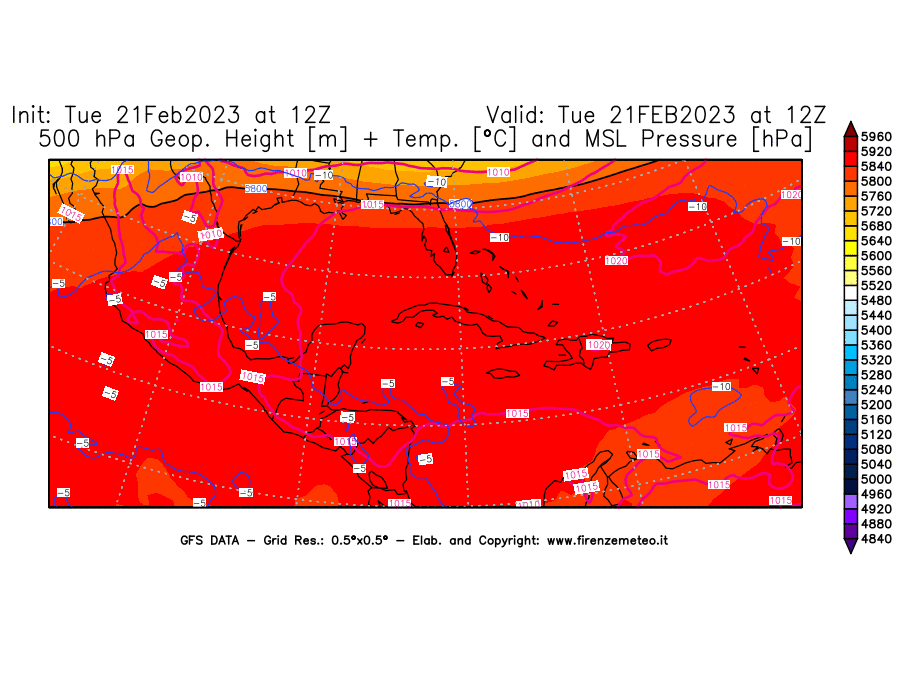 Mappa di analisi GFS - Geopotenziale [m] + Temp. [°C] a 500 hPa + Press. a livello del mare [hPa] in Centro-America
							del 21/02/2023 12 <!--googleoff: index-->UTC<!--googleon: index-->