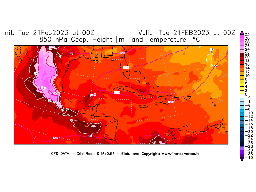 Mappa di analisi GFS - Geopotenziale [m] e Temperatura [°C] a 850 hPa in Centro-America
							del 21/02/2023 00 <!--googleoff: index-->UTC<!--googleon: index-->