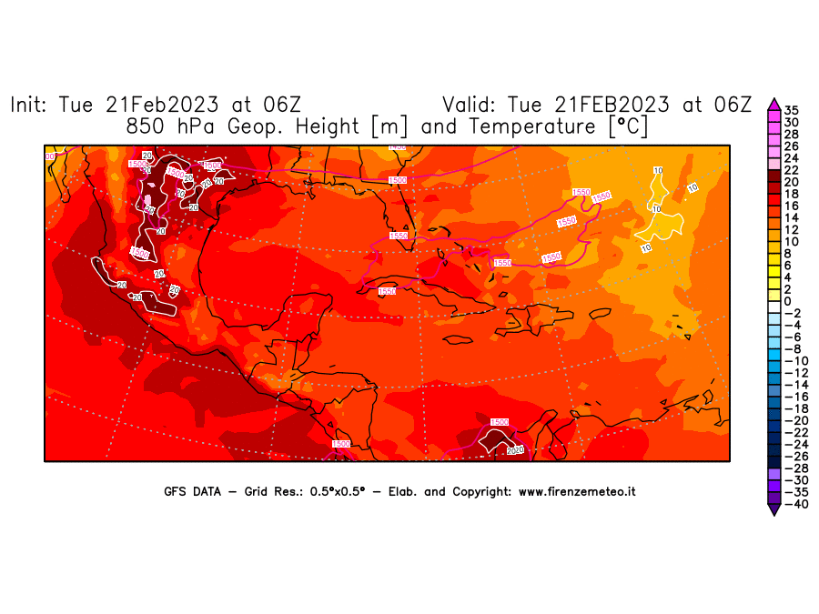 Mappa di analisi GFS - Geopotenziale [m] e Temperatura [°C] a 850 hPa in Centro-America
							del 21/02/2023 06 <!--googleoff: index-->UTC<!--googleon: index-->