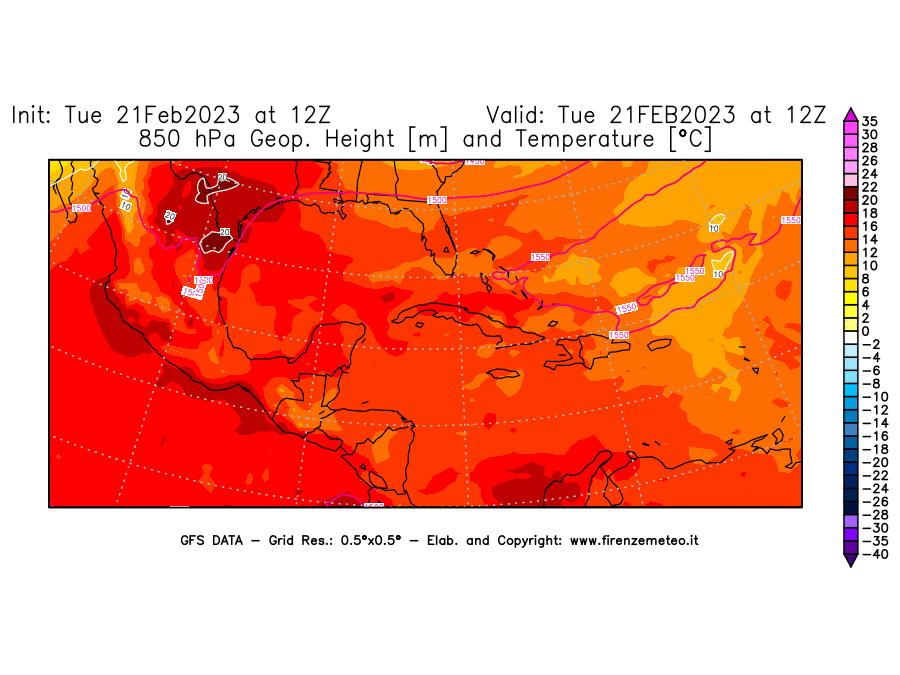 Mappa di analisi GFS - Geopotenziale [m] e Temperatura [°C] a 850 hPa in Centro-America
							del 21/02/2023 12 <!--googleoff: index-->UTC<!--googleon: index-->