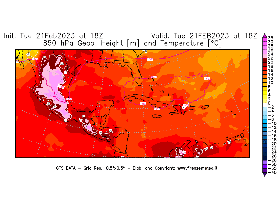 Mappa di analisi GFS - Geopotenziale [m] e Temperatura [°C] a 850 hPa in Centro-America
							del 21/02/2023 18 <!--googleoff: index-->UTC<!--googleon: index-->