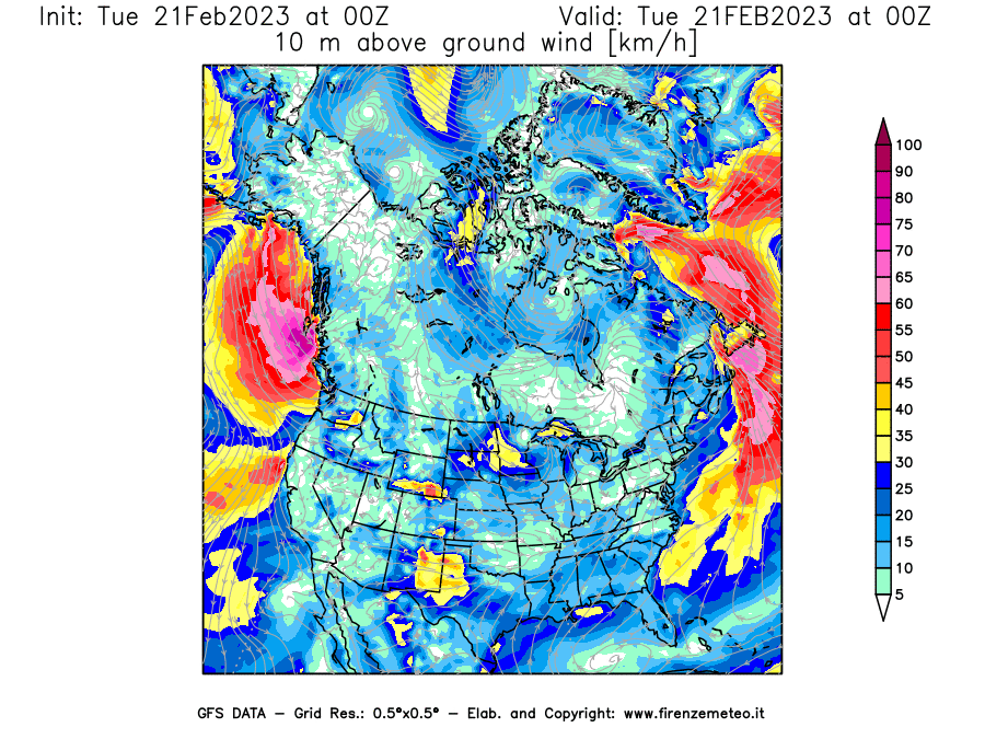 Mappa di analisi GFS - Velocità del vento a 10 metri dal suolo [km/h] in Nord-America
							del 21/02/2023 00 <!--googleoff: index-->UTC<!--googleon: index-->