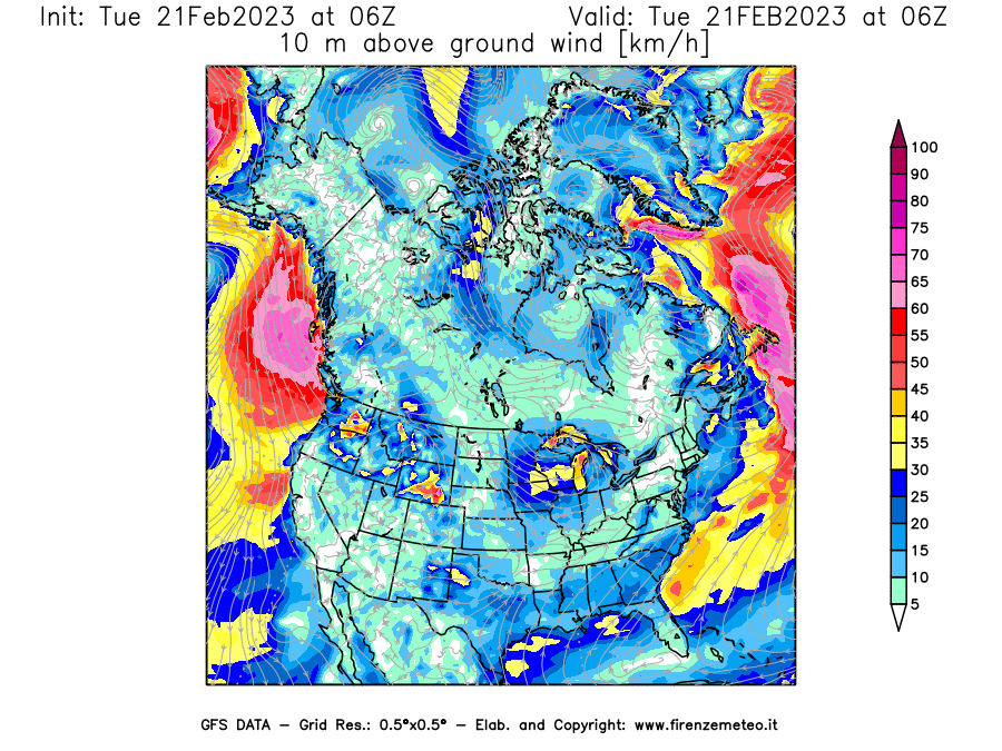 Mappa di analisi GFS - Velocità del vento a 10 metri dal suolo [km/h] in Nord-America
							del 21/02/2023 06 <!--googleoff: index-->UTC<!--googleon: index-->