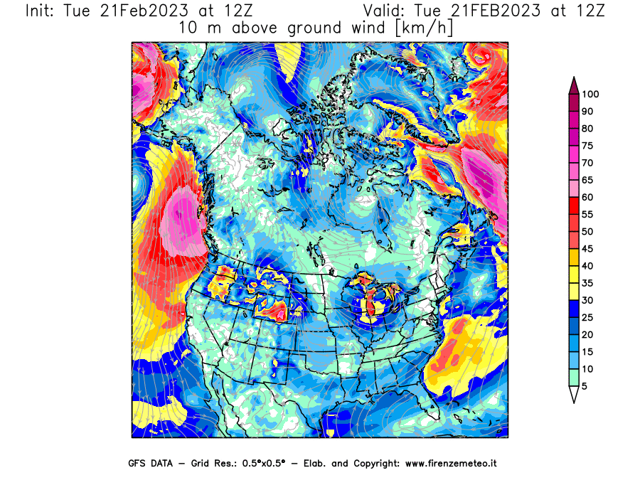 Mappa di analisi GFS - Velocità del vento a 10 metri dal suolo [km/h] in Nord-America
							del 21/02/2023 12 <!--googleoff: index-->UTC<!--googleon: index-->