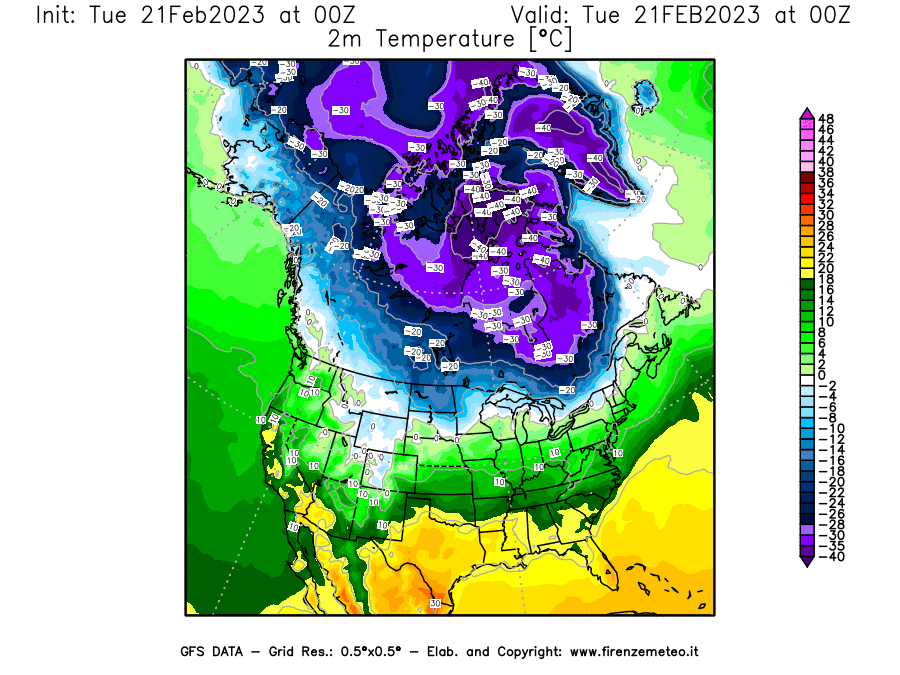 Mappa di analisi GFS - Temperatura a 2 metri dal suolo [°C] in Nord-America
							del 21/02/2023 00 <!--googleoff: index-->UTC<!--googleon: index-->