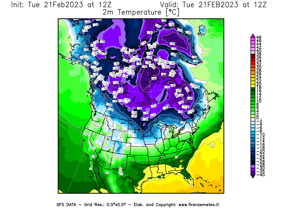 Mappa di analisi GFS - Temperatura a 2 metri dal suolo [°C] in Nord-America
							del 21/02/2023 12 <!--googleoff: index-->UTC<!--googleon: index-->