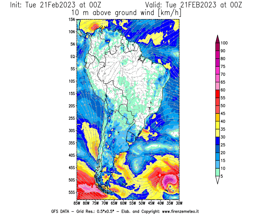 Mappa di analisi GFS - Velocità del vento a 10 metri dal suolo [km/h] in Sud-America
							del 21/02/2023 00 <!--googleoff: index-->UTC<!--googleon: index-->