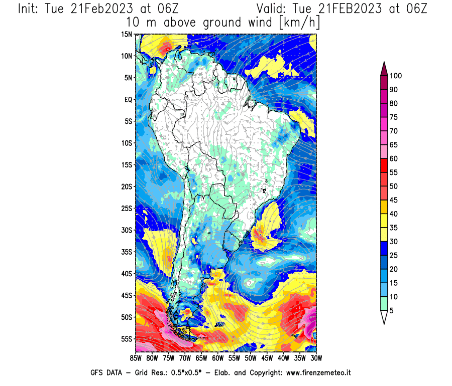 Mappa di analisi GFS - Velocità del vento a 10 metri dal suolo [km/h] in Sud-America
							del 21/02/2023 06 <!--googleoff: index-->UTC<!--googleon: index-->