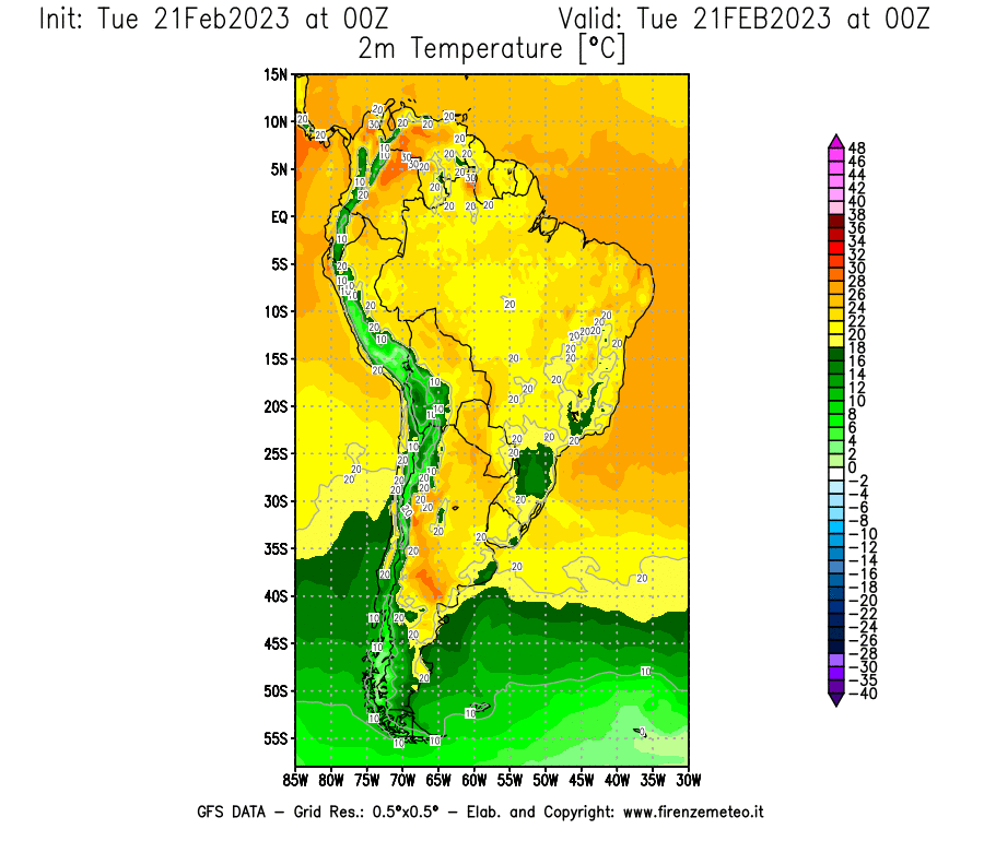 Mappa di analisi GFS - Temperatura a 2 metri dal suolo [°C] in Sud-America
							del 21/02/2023 00 <!--googleoff: index-->UTC<!--googleon: index-->