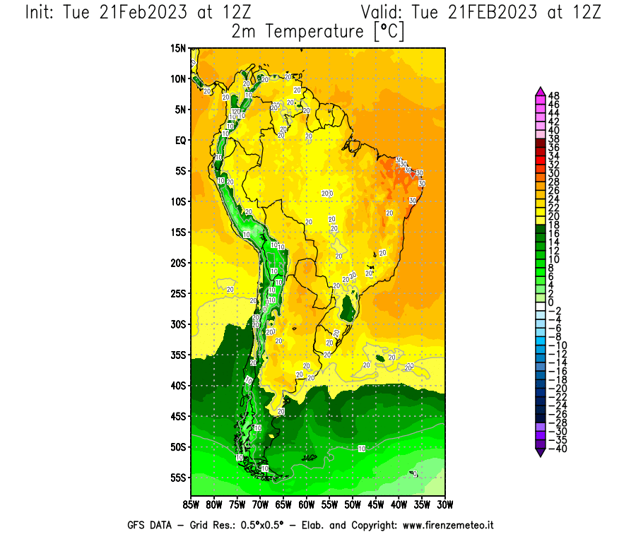 Mappa di analisi GFS - Temperatura a 2 metri dal suolo [°C] in Sud-America
							del 21/02/2023 12 <!--googleoff: index-->UTC<!--googleon: index-->