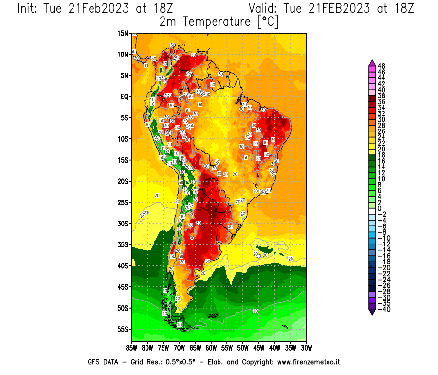 Mappa di analisi GFS - Temperatura a 2 metri dal suolo [°C] in Sud-America
							del 21/02/2023 18 <!--googleoff: index-->UTC<!--googleon: index-->