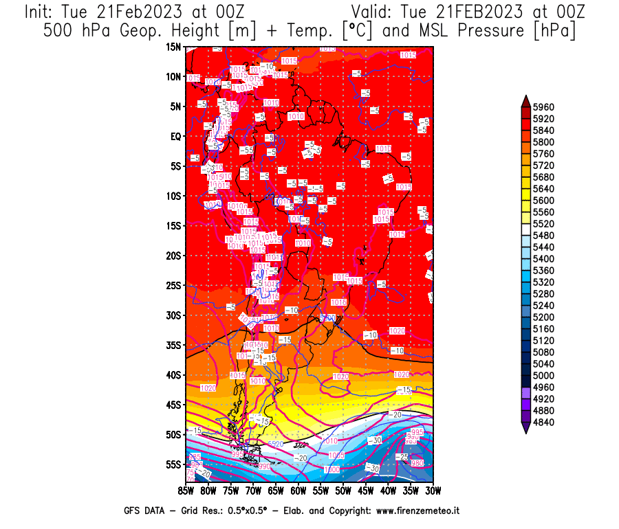Mappa di analisi GFS - Geopotenziale [m] + Temp. [°C] a 500 hPa + Press. a livello del mare [hPa] in Sud-America
							del 21/02/2023 00 <!--googleoff: index-->UTC<!--googleon: index-->