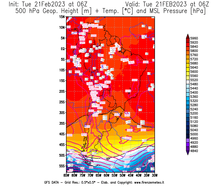 Mappa di analisi GFS - Geopotenziale [m] + Temp. [°C] a 500 hPa + Press. a livello del mare [hPa] in Sud-America
							del 21/02/2023 06 <!--googleoff: index-->UTC<!--googleon: index-->