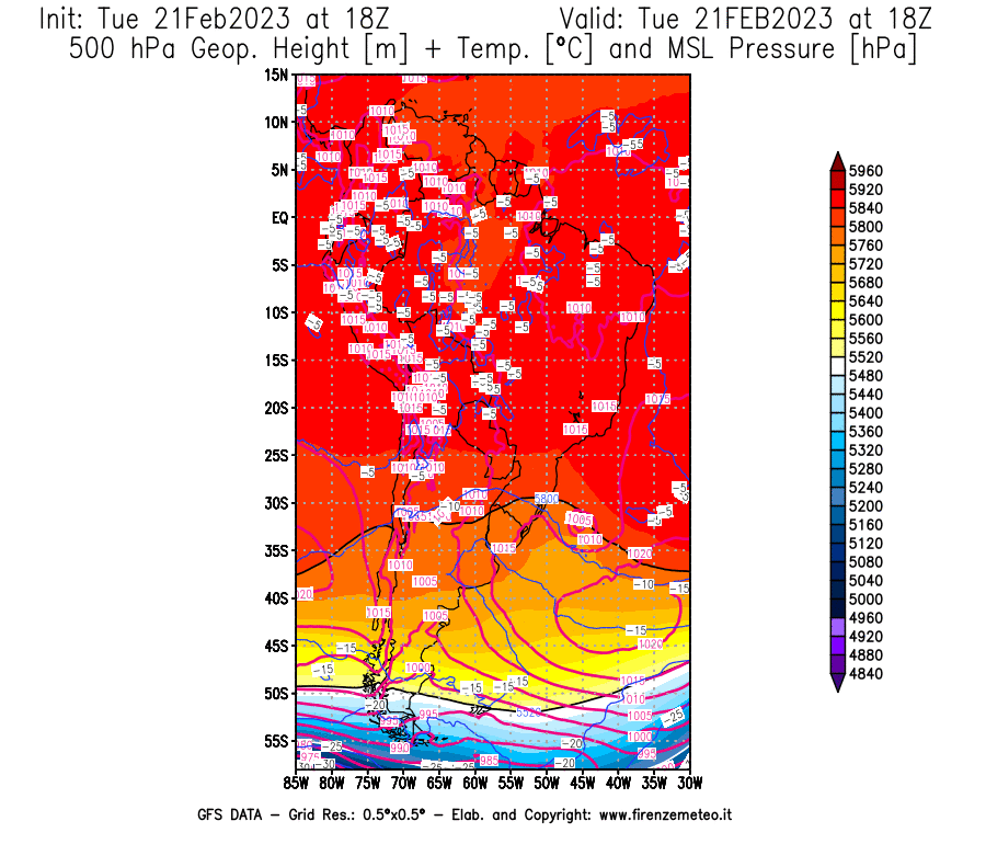 Mappa di analisi GFS - Geopotenziale [m] + Temp. [°C] a 500 hPa + Press. a livello del mare [hPa] in Sud-America
							del 21/02/2023 18 <!--googleoff: index-->UTC<!--googleon: index-->