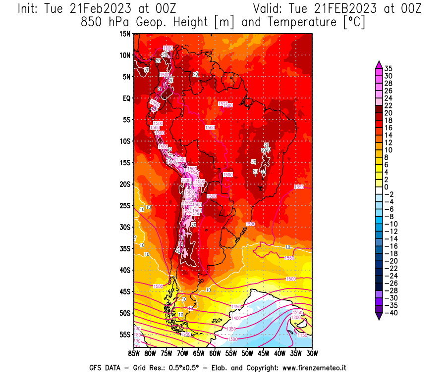 Mappa di analisi GFS - Geopotenziale [m] e Temperatura [°C] a 850 hPa in Sud-America
							del 21/02/2023 00 <!--googleoff: index-->UTC<!--googleon: index-->