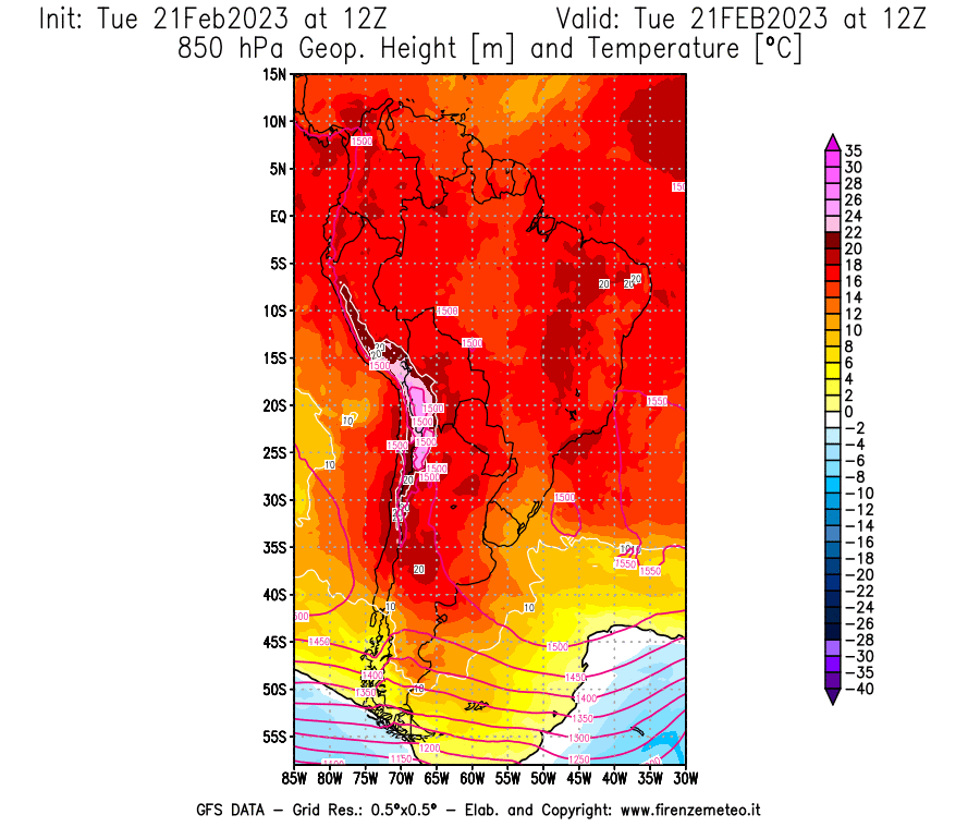 Mappa di analisi GFS - Geopotenziale [m] e Temperatura [°C] a 850 hPa in Sud-America
							del 21/02/2023 12 <!--googleoff: index-->UTC<!--googleon: index-->