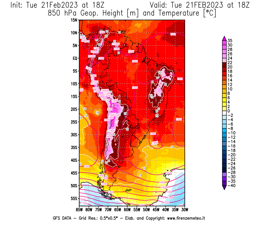 Mappa di analisi GFS - Geopotenziale [m] e Temperatura [°C] a 850 hPa in Sud-America
							del 21/02/2023 18 <!--googleoff: index-->UTC<!--googleon: index-->