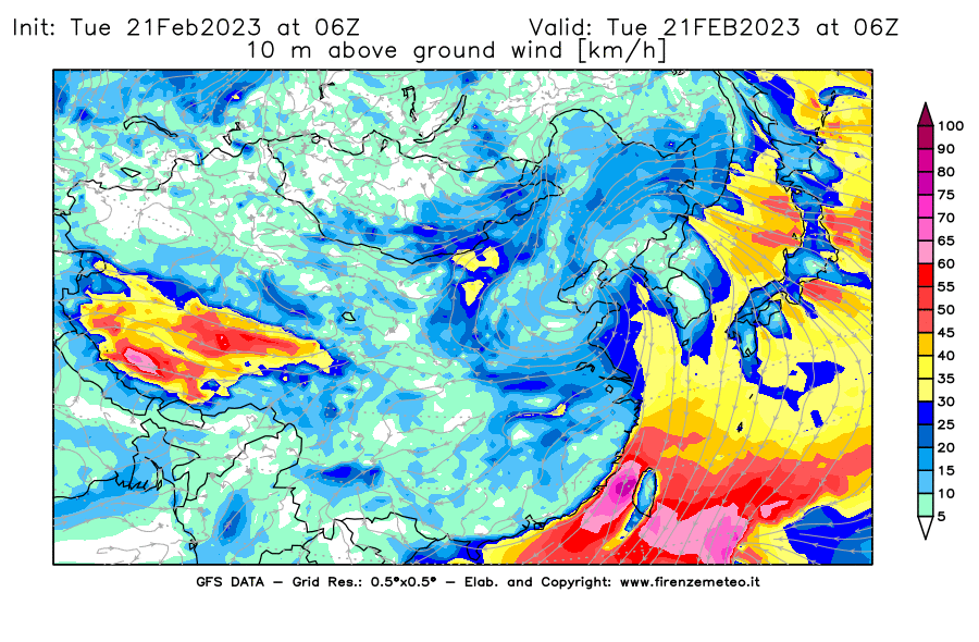 Mappa di analisi GFS - Velocità del vento a 10 metri dal suolo [km/h] in Asia Orientale
							del 21/02/2023 06 <!--googleoff: index-->UTC<!--googleon: index-->
