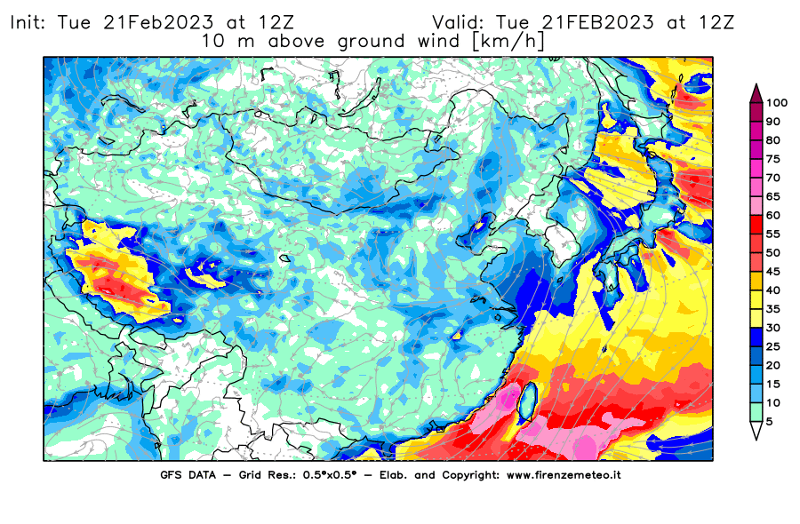 Mappa di analisi GFS - Velocità del vento a 10 metri dal suolo [km/h] in Asia Orientale
							del 21/02/2023 12 <!--googleoff: index-->UTC<!--googleon: index-->